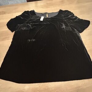 Talbots Shirt Womens 1X Black Velvet Short Sleeve Ruched Keyhole Plus Blouse